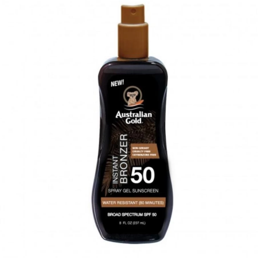 Australian Gold SPF 50 Sunscreen Spray Gel with Bronzer, Water-Resistant, Broad Spectrum UVA/UVB Protection, Instant Tan Enhancer